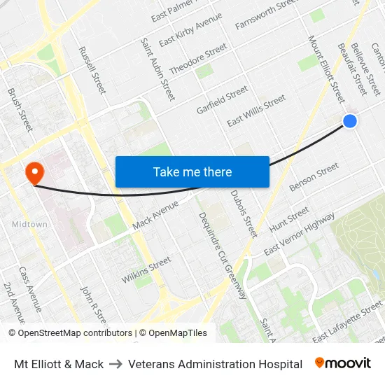 Mt Elliott & Mack to Veterans Administration Hospital map