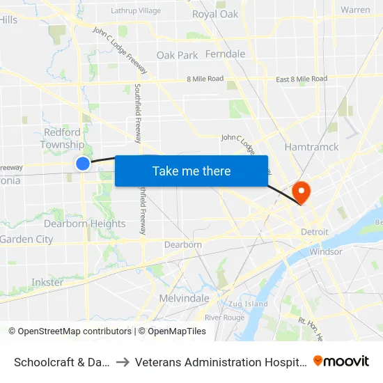Schoolcraft & Dale to Veterans Administration Hospital map
