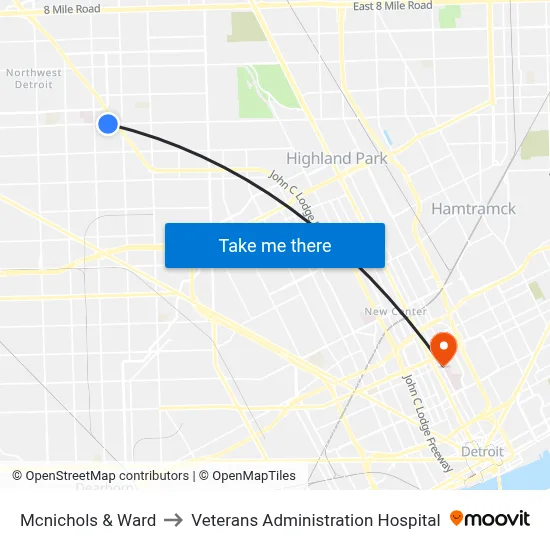 Mcnichols & Ward to Veterans Administration Hospital map