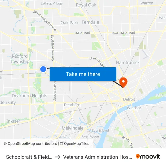 Schoolcraft & Fielding to Veterans Administration Hospital map