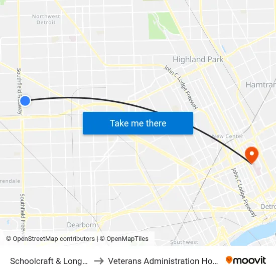 Schoolcraft & Longacre to Veterans Administration Hospital map