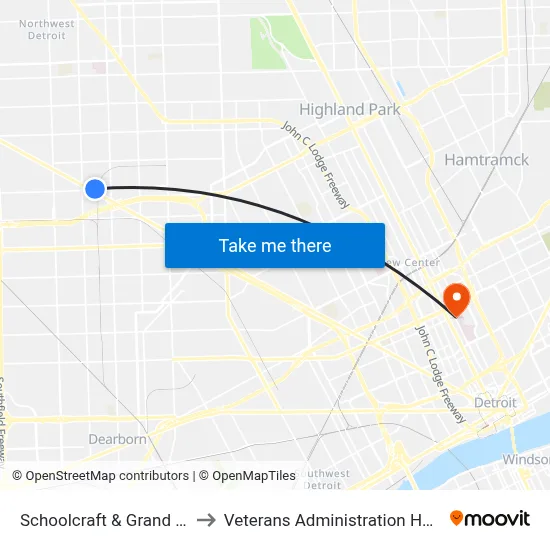 Schoolcraft & Grand River to Veterans Administration Hospital map