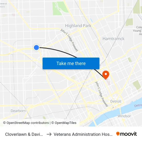 Cloverlawn & Davison to Veterans Administration Hospital map