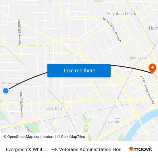 Evergreen & Whitlock to Veterans Administration Hospital map