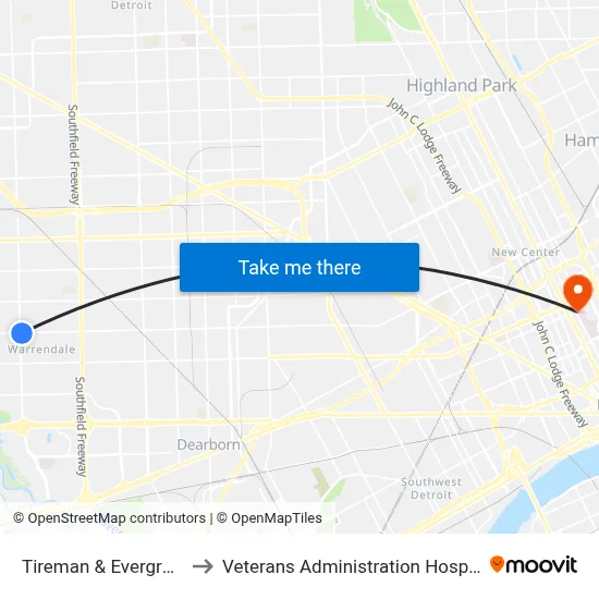 Tireman & Evergreen to Veterans Administration Hospital map