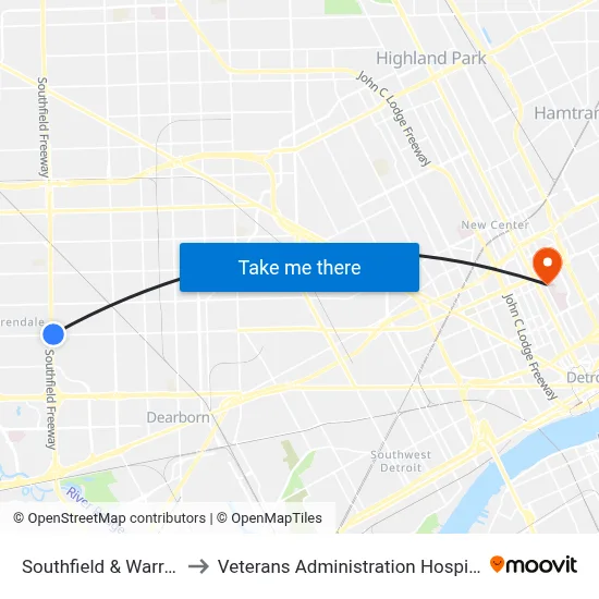 Southfield & Warren to Veterans Administration Hospital map