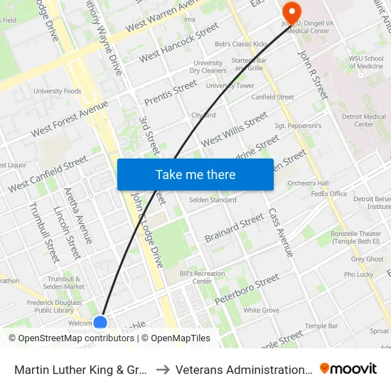 Martin Luther King & Grand River to Veterans Administration Hospital map