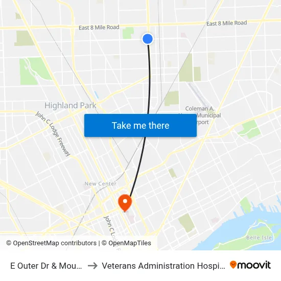 E Outer Dr & Mound to Veterans Administration Hospital map