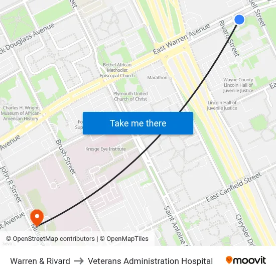 Warren & Rivard to Veterans Administration Hospital map
