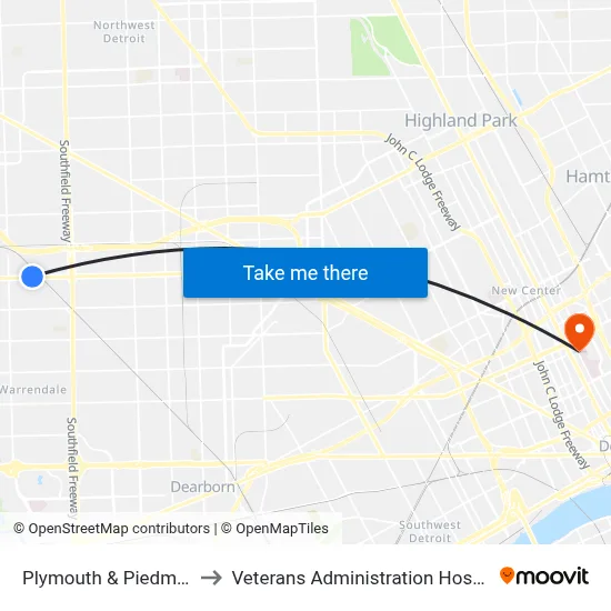 Plymouth & Piedmont to Veterans Administration Hospital map