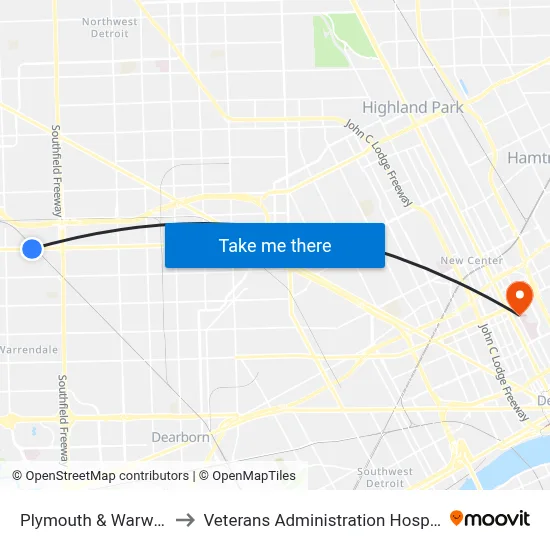 Plymouth & Warwick to Veterans Administration Hospital map