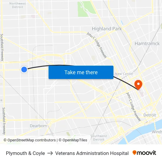 Plymouth & Coyle to Veterans Administration Hospital map