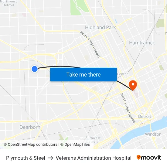 Plymouth & Steel to Veterans Administration Hospital map