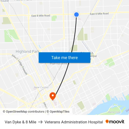 Van Dyke & 8 Mile to Veterans Administration Hospital map