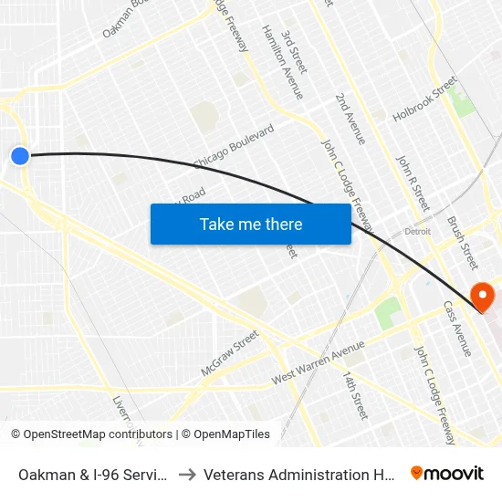Oakman & I-96 Service Dr to Veterans Administration Hospital map