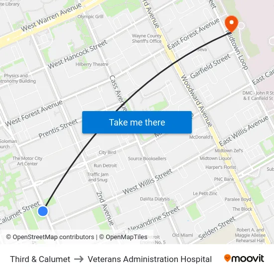 Third & Calumet to Veterans Administration Hospital map