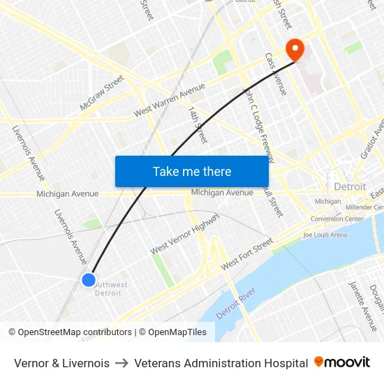 Vernor & Livernois to Veterans Administration Hospital map