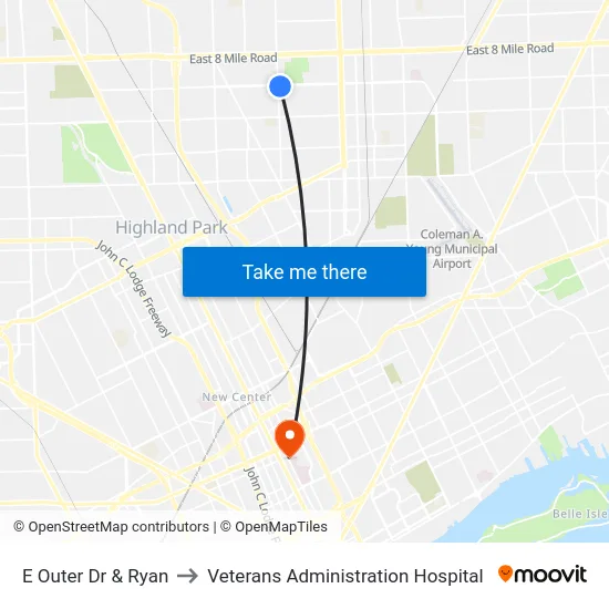 E Outer Dr & Ryan to Veterans Administration Hospital map