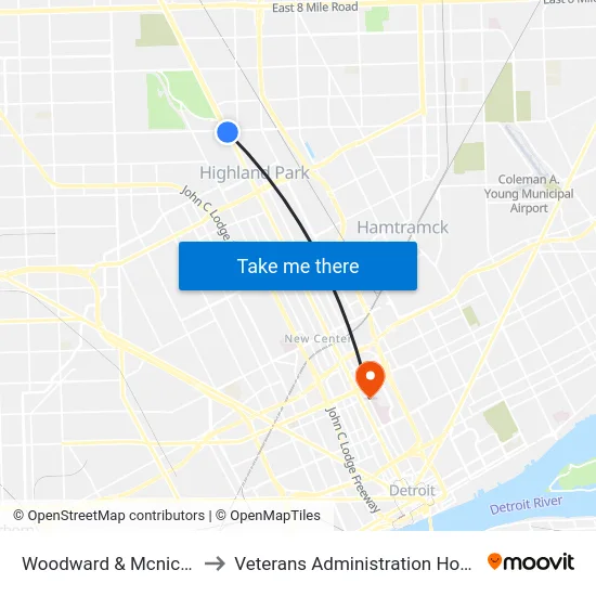 Woodward & Mcnichols to Veterans Administration Hospital map