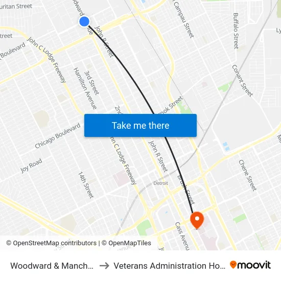 Woodward & Manchester to Veterans Administration Hospital map
