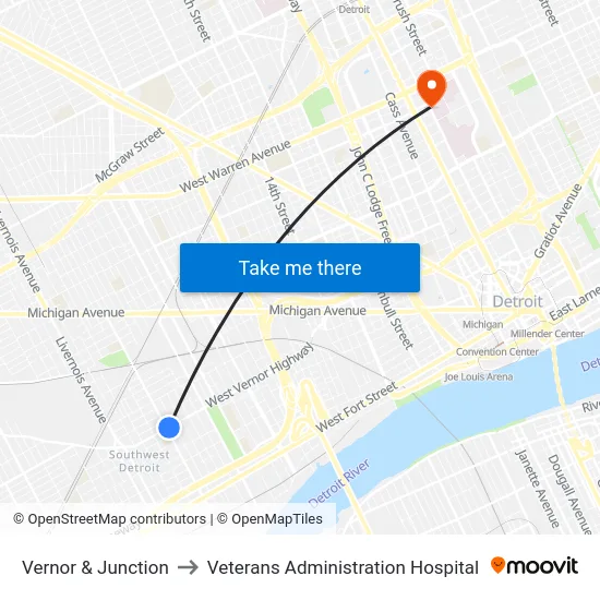 Vernor & Junction to Veterans Administration Hospital map