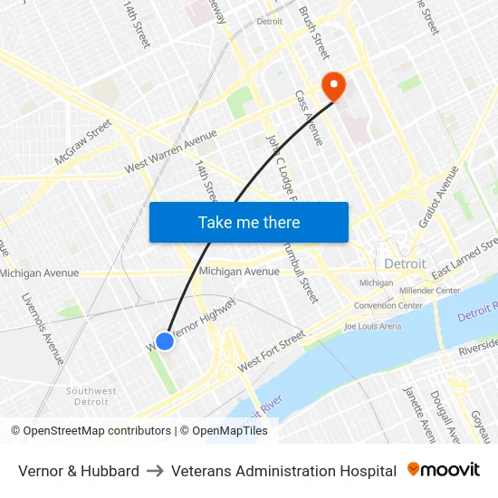Vernor & Hubbard to Veterans Administration Hospital map