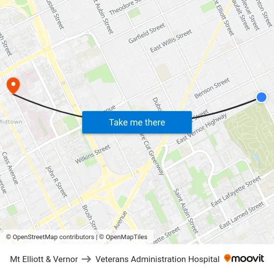 Mt Elliott & Vernor to Veterans Administration Hospital map