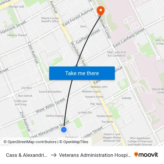 Cass & Alexandrine to Veterans Administration Hospital map
