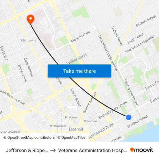 Jefferson & Riopelle to Veterans Administration Hospital map