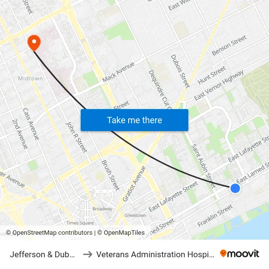Jefferson & Dubois to Veterans Administration Hospital map