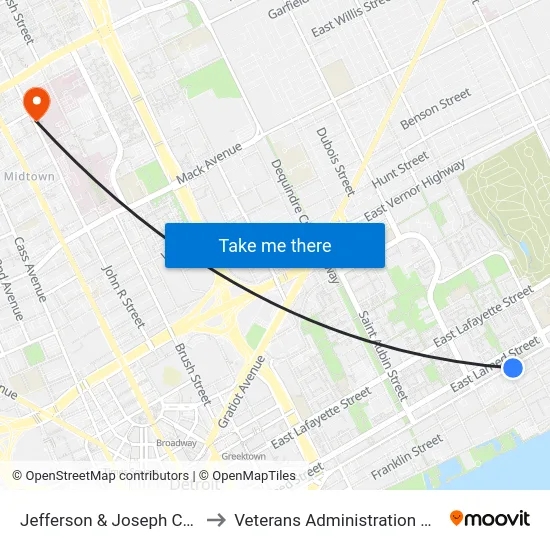 Jefferson & Joseph Campau to Veterans Administration Hospital map