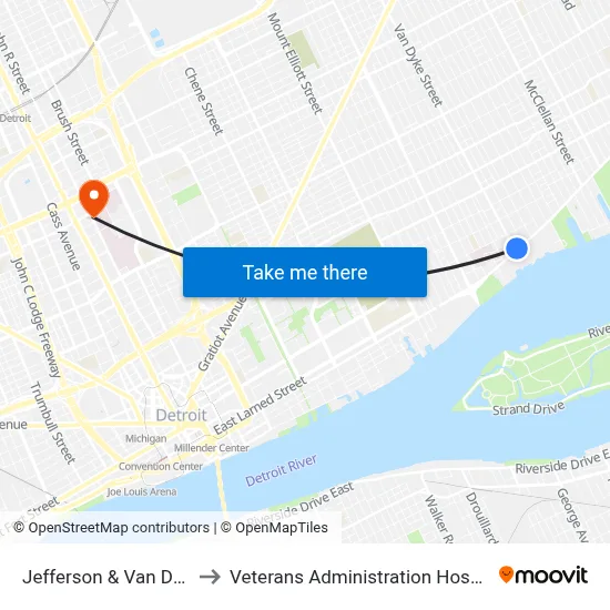Jefferson & Van Dyke to Veterans Administration Hospital map