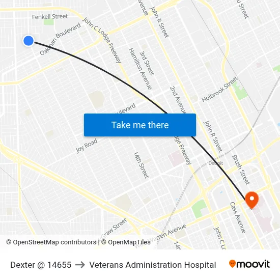 Dexter @ 14655 to Veterans Administration Hospital map