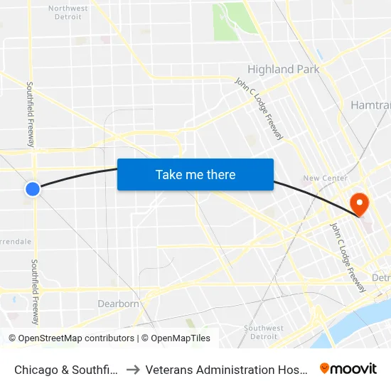 Chicago & Southfield to Veterans Administration Hospital map
