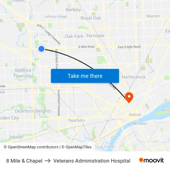 8 Mile & Chapel to Veterans Administration Hospital map