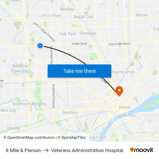 8 Mile & Pierson to Veterans Administration Hospital map