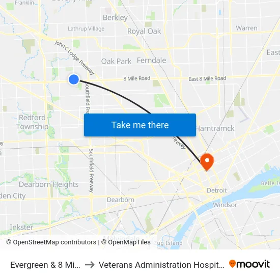 Evergreen & 8 Mile to Veterans Administration Hospital map