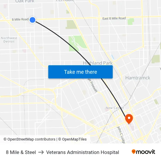 8 Mile & Steel to Veterans Administration Hospital map