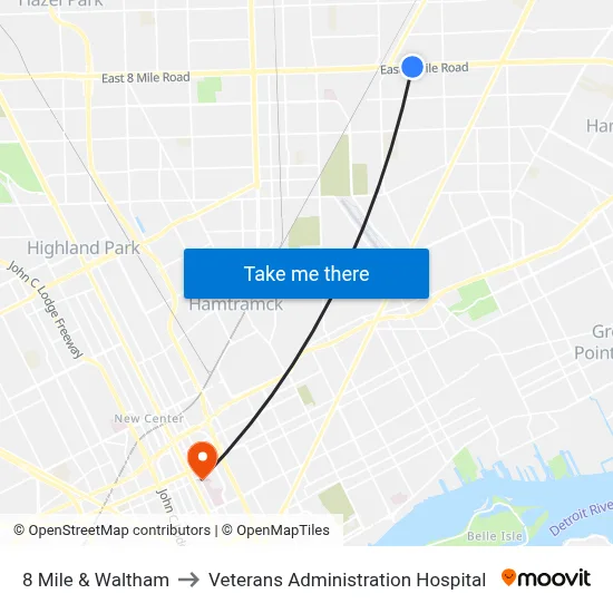 8 Mile & Waltham to Veterans Administration Hospital map