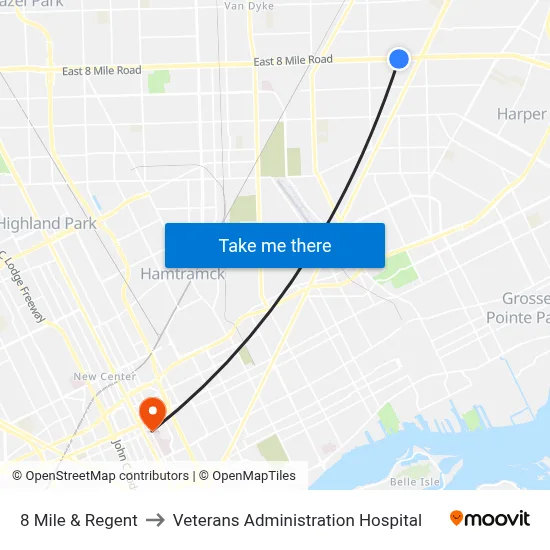 8 Mile & Regent to Veterans Administration Hospital map