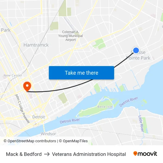 Mack & Bedford to Veterans Administration Hospital map