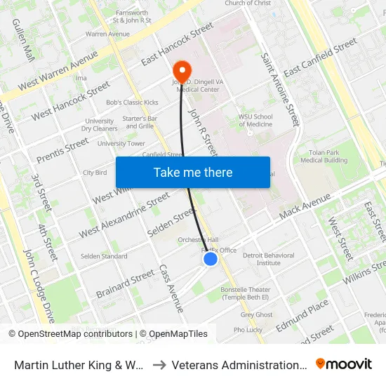 Martin Luther King & Woodward to Veterans Administration Hospital map