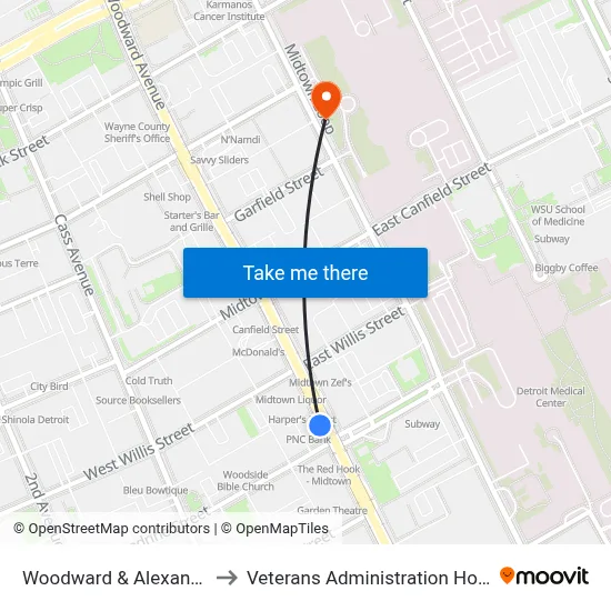 Woodward & Alexandrine to Veterans Administration Hospital map