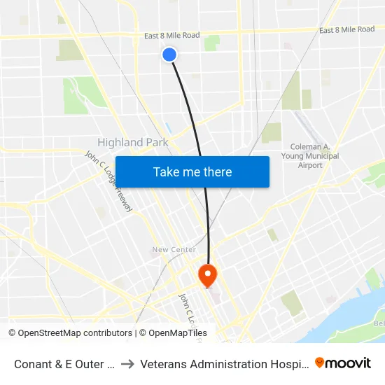 Conant & E Outer Dr to Veterans Administration Hospital map