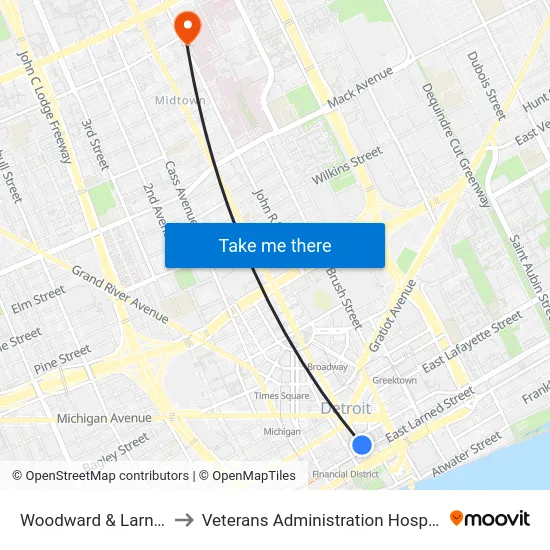 Woodward & Larned to Veterans Administration Hospital map