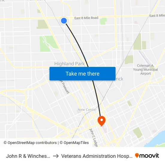 John R & Winchester to Veterans Administration Hospital map