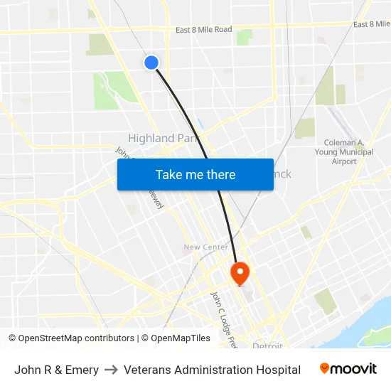 John R & Emery to Veterans Administration Hospital map