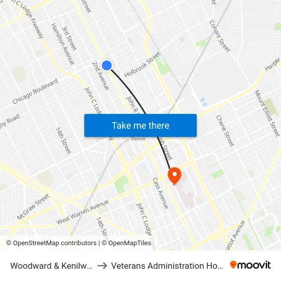 Woodward & Kenilworth to Veterans Administration Hospital map