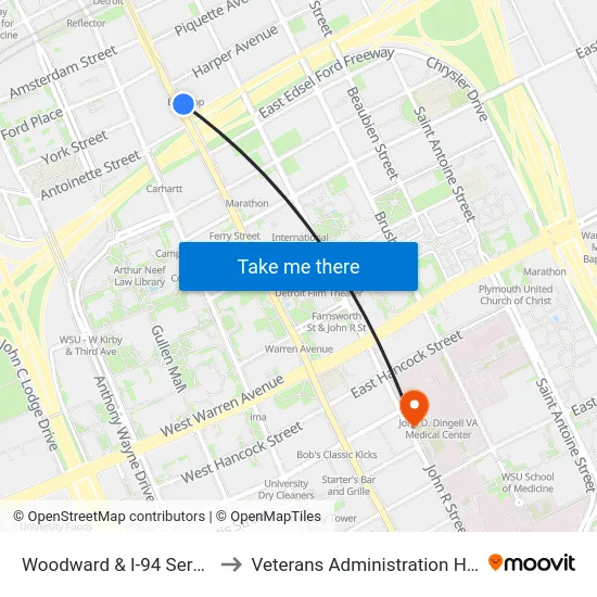 Woodward & I-94 Service Dr to Veterans Administration Hospital map