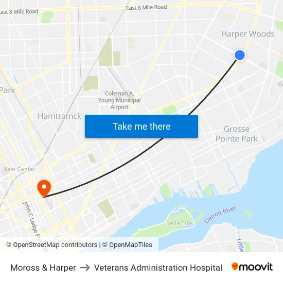 Moross & Harper to Veterans Administration Hospital map